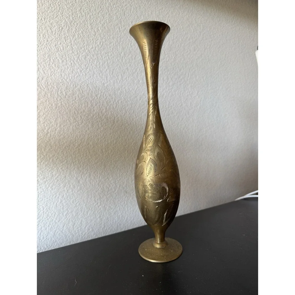 Vintage Inlaid Metal Table Flower Vase Home Decorative‎ Gold Color Copper India